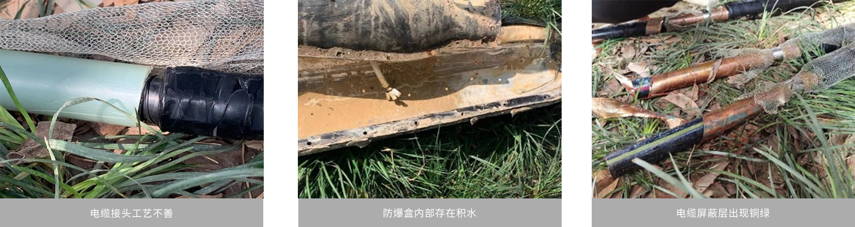 电缆接头工艺不善、防爆盒内部存在积水、电缆屏蔽层出现铜绿